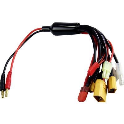 Ein Mehrfach-Ladekabel mit verschiedenen Steckertypen, einschließlich roter und schwarzer Bananenstecker, geeignet für unterschiedliche Geräte.