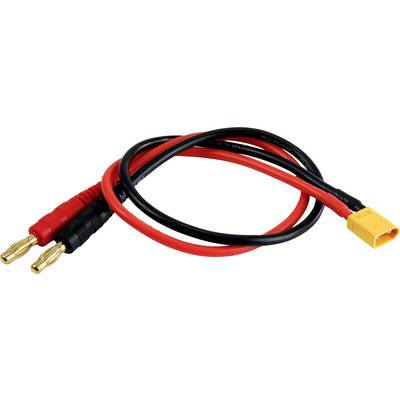 Rote und schwarze Elektrokabel mit goldenen Bananensteckern und einem gelben XT60-Stecker; verwendet für Batterieanschlüsse in der Elektronik.