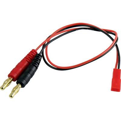 Zwei rote und schwarze elektrische Verbindungskabel mit goldenen Bananensteckern an einem Ende und einem roten Plastikstecker am anderen Ende.