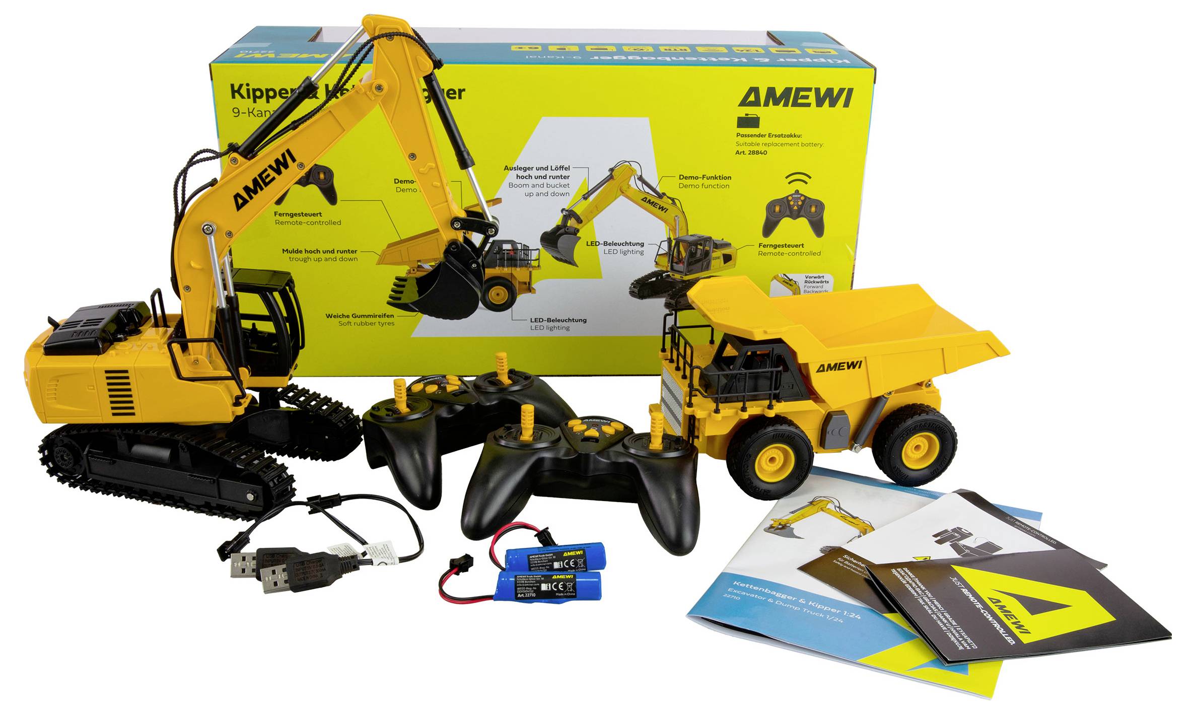 Ein Baufahrzeug-Spielzeugset umfasst einen Bagger, einen Kipplaster, eine Fernbedienung mit Ladegerät und Batterien sowie Bedienungsanleitungen.