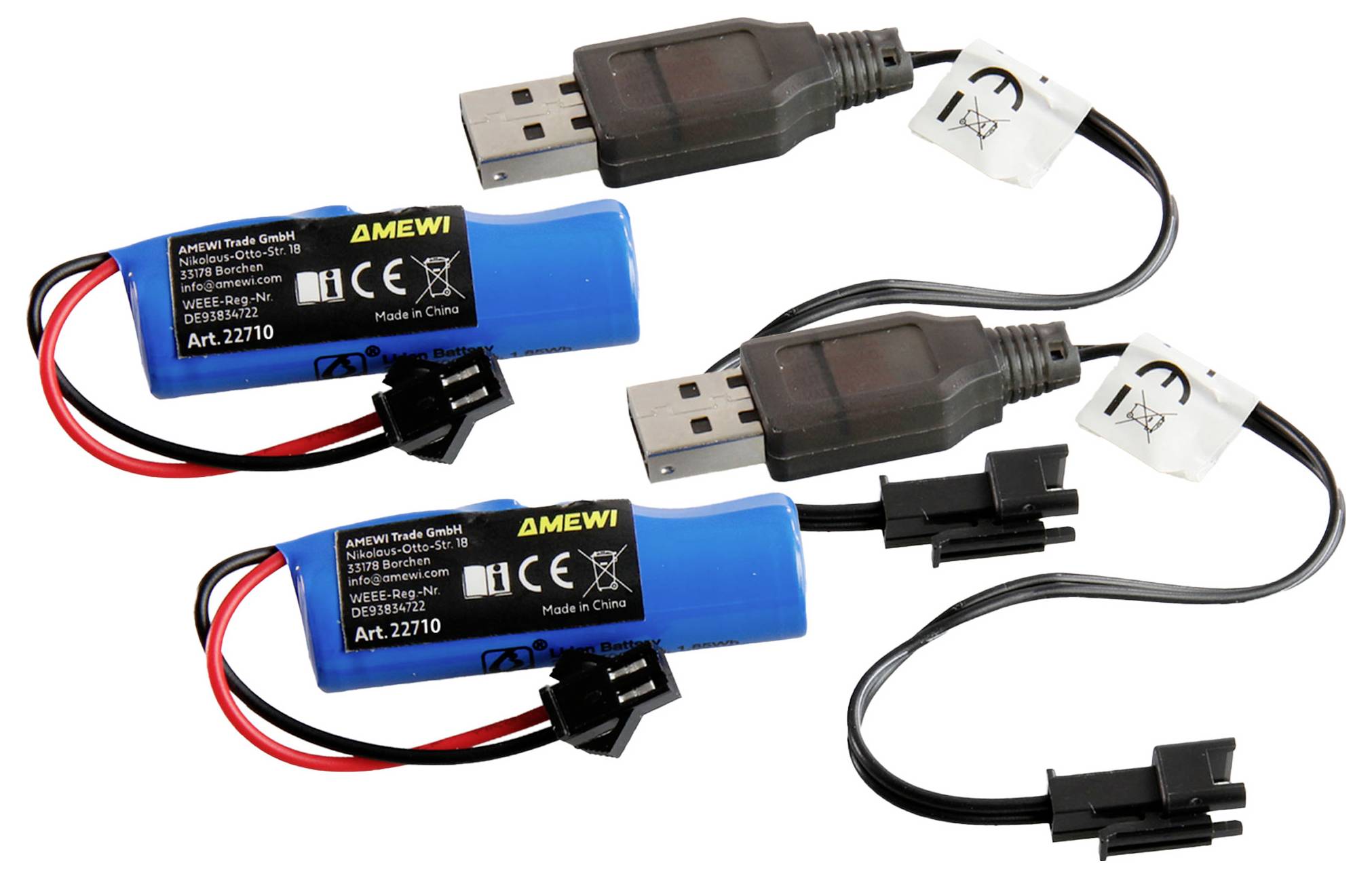 Zwei blaue wiederaufladbare Batterien mit USB-Anschlüssen und schwarzen Kabeln, mit der Aufschrift 'Amewi', nebeneinander auf einem weißen Hintergrund platziert.