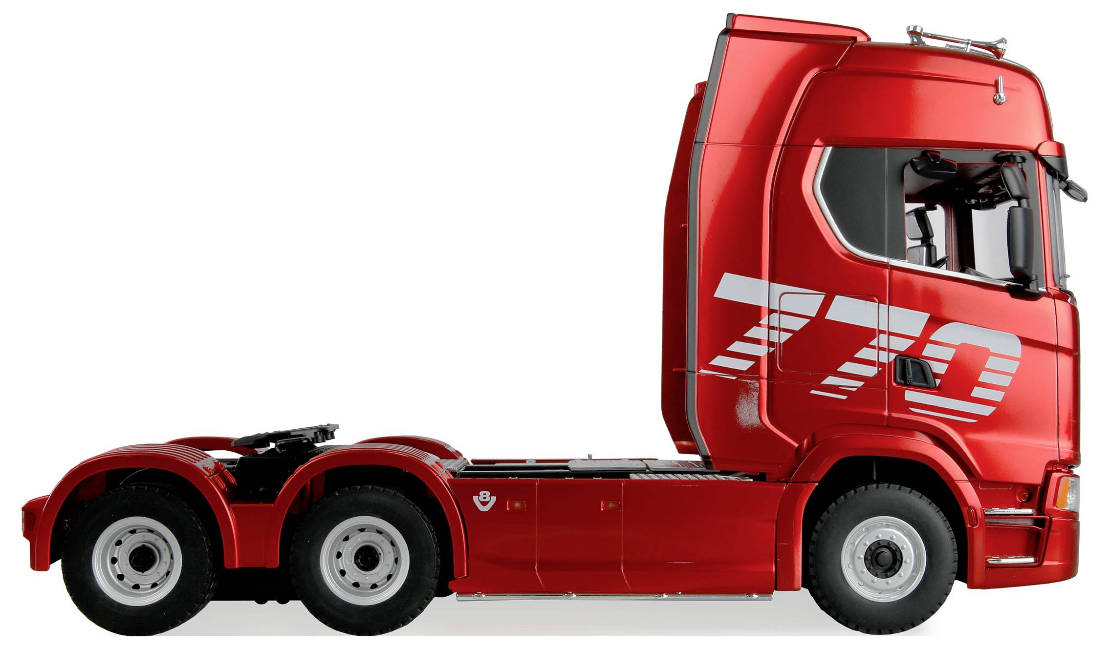 Ein roter Sattelzug-Zugwagen, an dessen Seite die Nummer '770' angebracht ist, ohne Anhänger. Der Lastwagen ist im Profil mit Blickrichtung nach rechts positioniert.