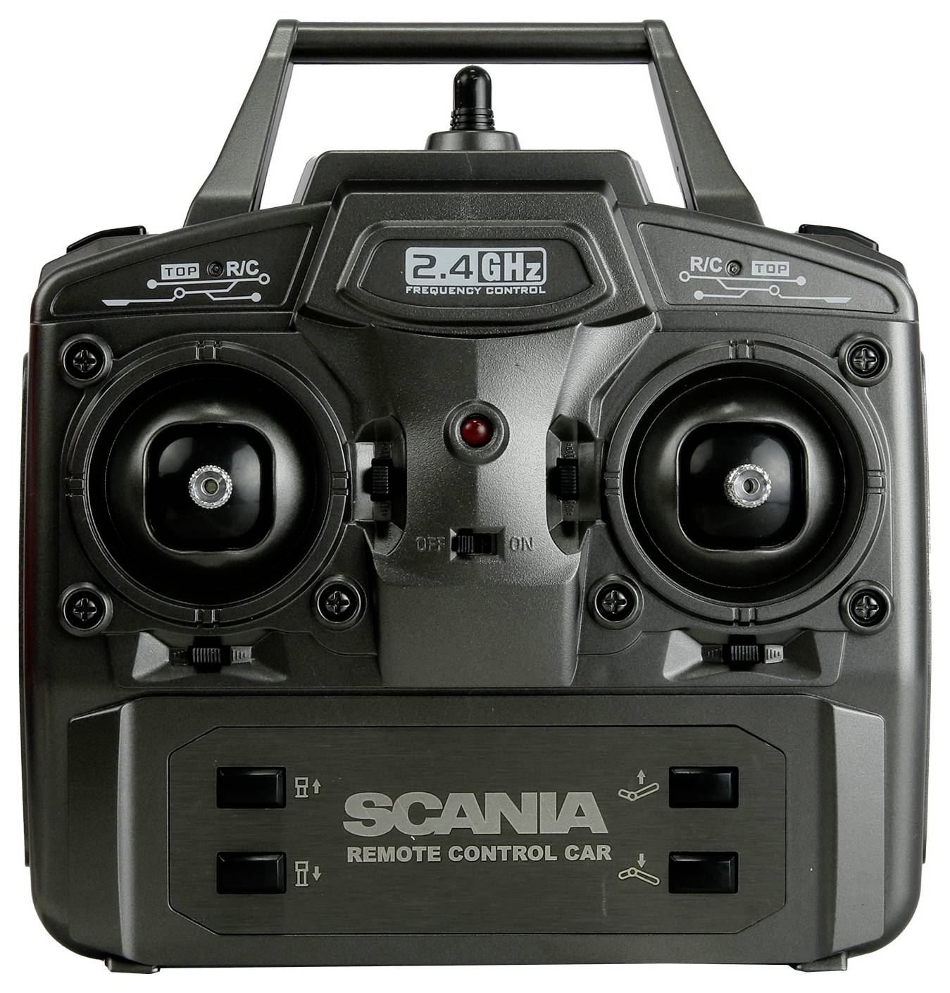 Fernbedienung mit Doppeljoysticks, beschriftet mit 'SCANIA FERNGESTEUERTES AUTO', mit 2,4 GHz Frequenzanzeige und Ein-/Ausschalter.