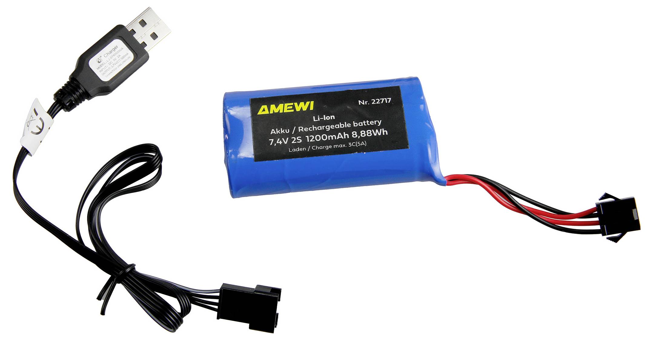 Eine wiederaufladbare Li-Ion-Batterie und USB-Ladekabel, gekennzeichnet mit ‚MEWI', mit Spezifikationen: 7,4V, 2S, 1200mAh, 8,88Wh.