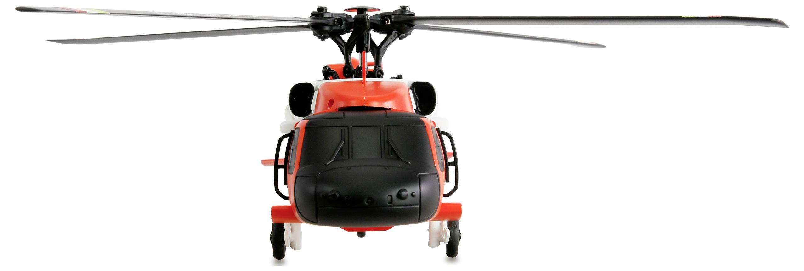 Ein rot-schwarzes Modellhelikopter wird von vorne gezeigt, wobei seine Rotorblätter und das Fahrgestell hervorgehoben werden.