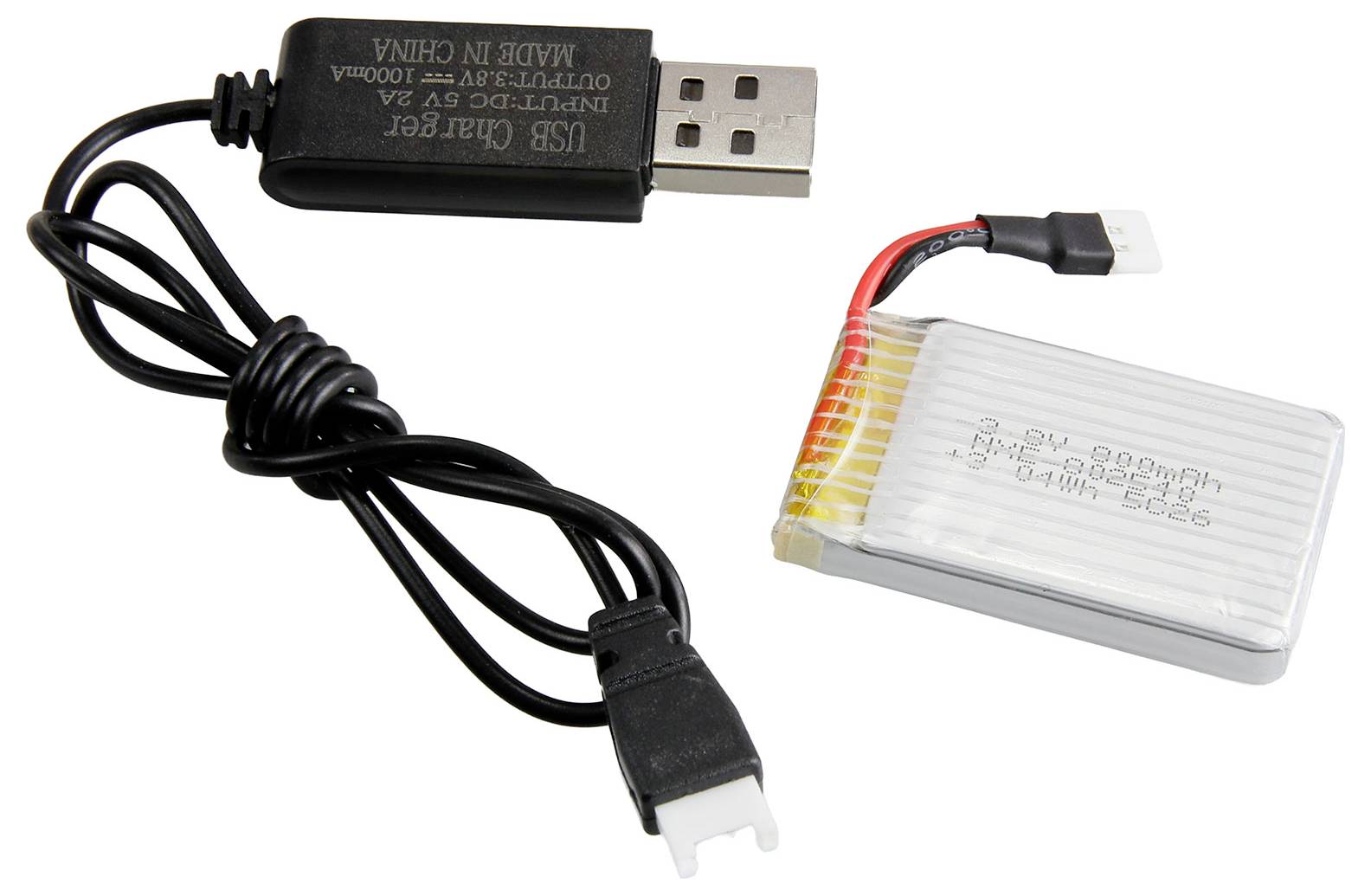 USB-Ladegerät mit Kabel und kleiner rechteckiger Lithium-Polymer-Akku mit rotem und schwarzem Anschlusskabel.