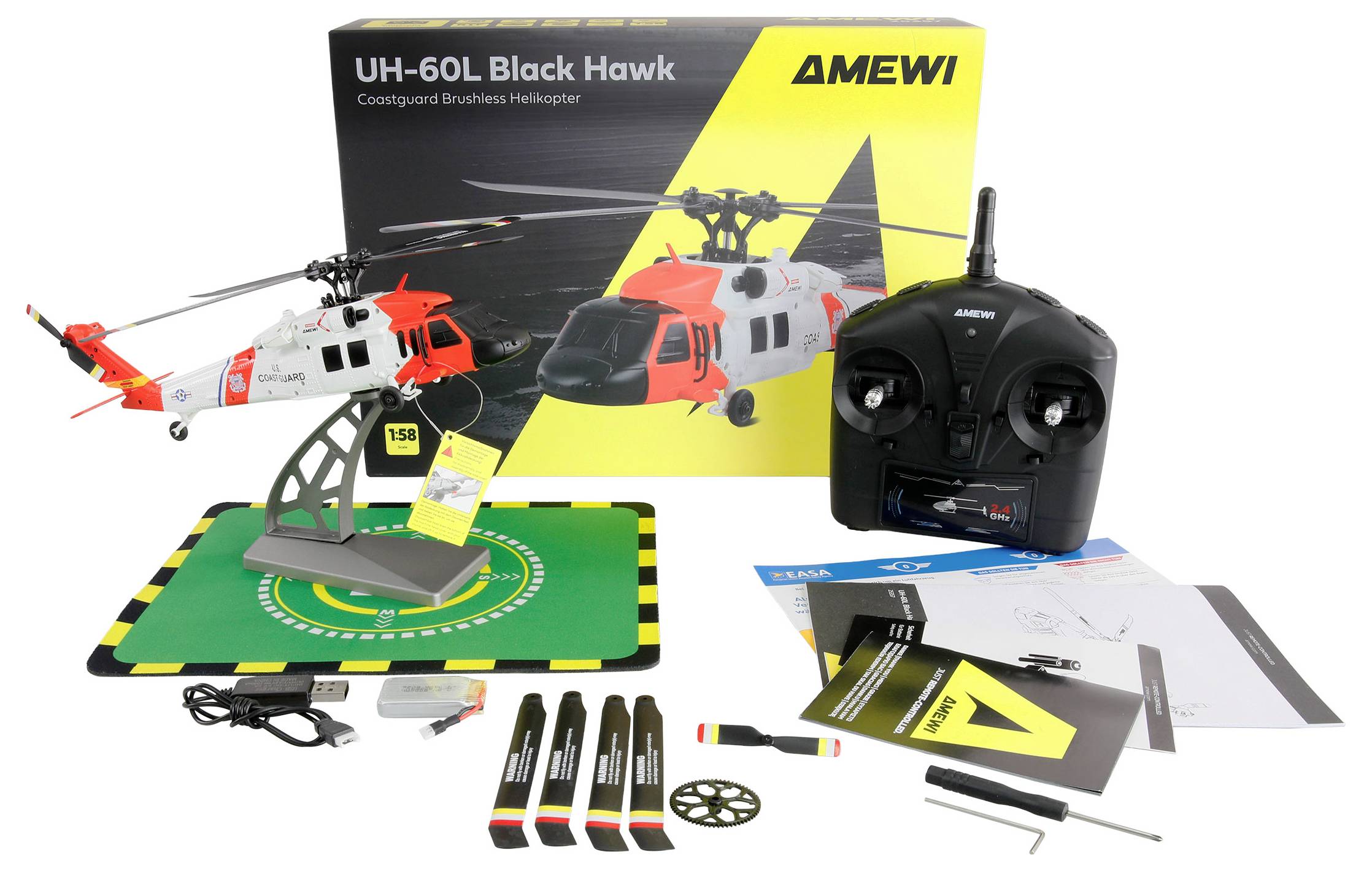 RC-Hubschrauber-Set mit Black Hawk Modell, Fernbedienung, Ladegerät und Zubehörwerkzeugen, vor der Originalverpackung präsentiert.