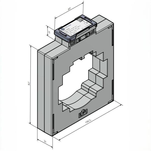 Ein 3D-Modell eines KPB-Stromwandlers mit detaillierten, beschrifteten Messungen, das seine Struktur und Abmessungen hervorhebt.