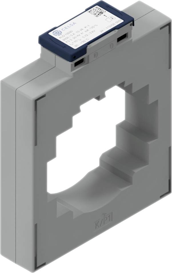 Eine rechteckige graue elektronische Komponente mit einem blau-weißen Etikett an der Oberseite, die einen zentralen Hohlraum zur Kabelführung aufweist.