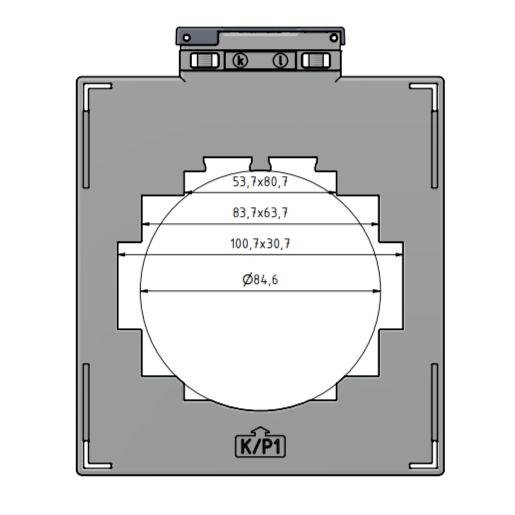 Ein technisches Diagramm mit der Beschriftung 'K/P1', das die Abmessungen eines quadratischen Bauteils mit Schlitzen und einem zentralen kreisförmigen Abschnitt zeigt, dessen Durchmesser mit 84,6 angegeben ist.