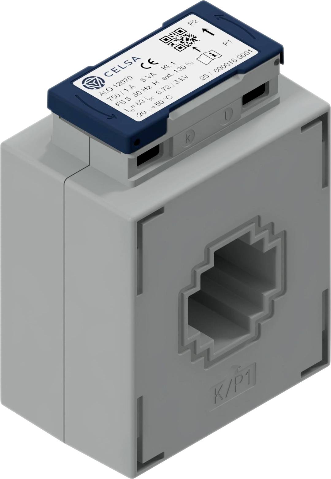 Eine rechteckige graue elektrische Komponente mit einem hohlen Zentrum und Beschriftungen, die wahrscheinlich Spezifikationen und Logos auf der Oberseite anzeigen.