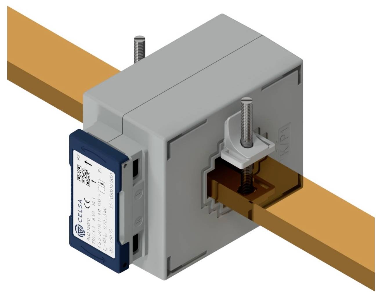 Ein elektrischer Stromwandler, der auf einer rechteckigen orangefarbenen Sammelschiene montiert ist.