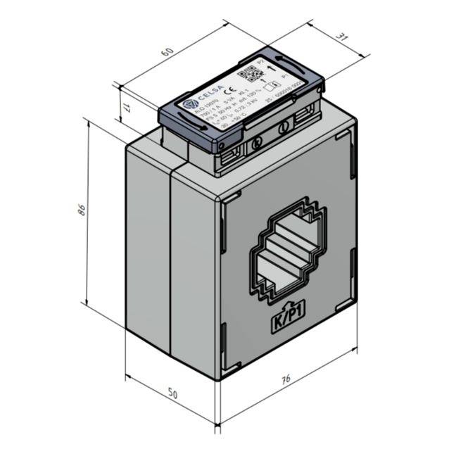 Eine industrielle rechteckige elektrische Komponente mit beschrifteten Abmessungen: Höhe 85 mm, Breite 60 mm, Tiefe 50 mm. Oberflächliche Beschriftung zeigt Spezifikationen.
