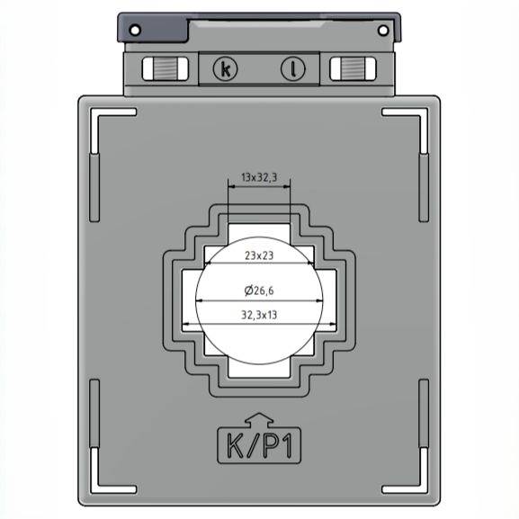 'K/P1' Elektrokomponenten-Diagramm mit Abmessungen: 13x32,3, 23x23, Ø26,6, 32x13, mit oberen Schaltern beschriftet als 'k' und 'i'.