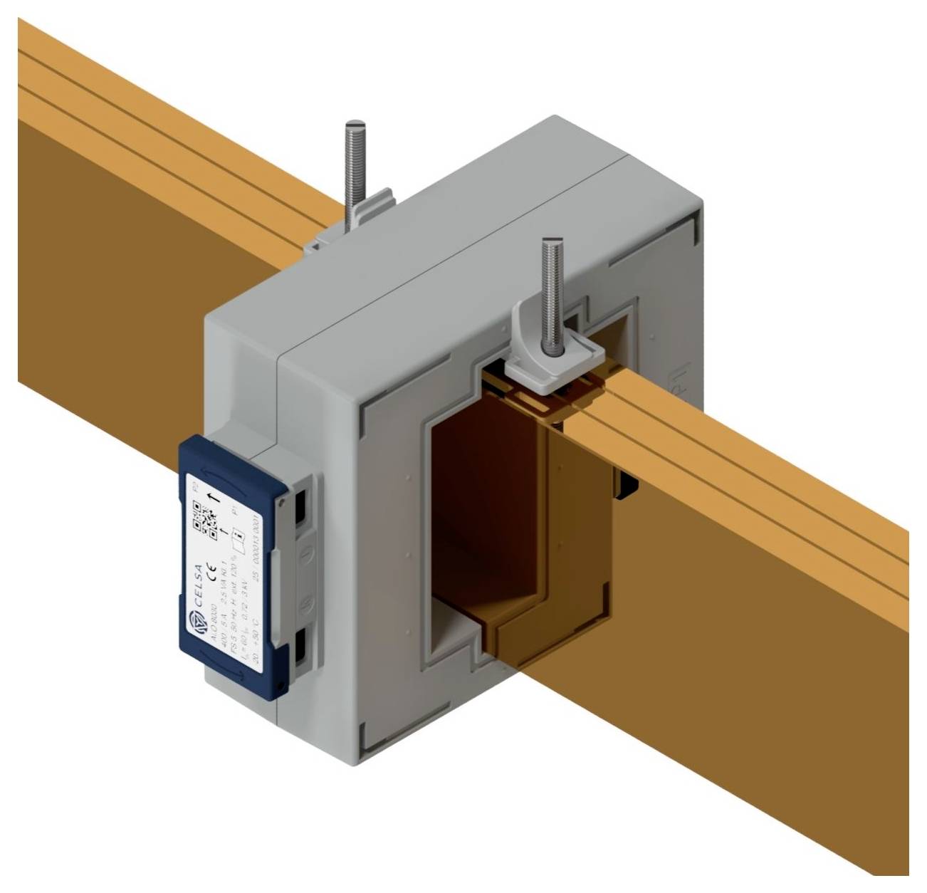 Eine rechteckige elektrische Komponente umgibt eine orangefarbene Sammelschiene, die durch Metallklemmen befestigt ist.