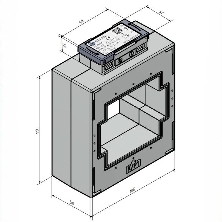 Eine Darstellung einer KP1 elektrischen Komponente mit folgenden Abmessungen: Höhe 111 mm, Breite 106 mm, Tiefe 50 mm und einem montierten Modul auf der Oberseite.