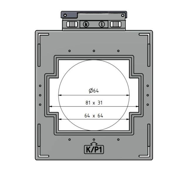 'K/P1' Platzhalter für ein modulares Element. Die Mitte zeigt Abmessungen: Kreis Ø64, Rechteck 81 x 31, 64 x 64, die mögliche Konfigurationen andeuten.