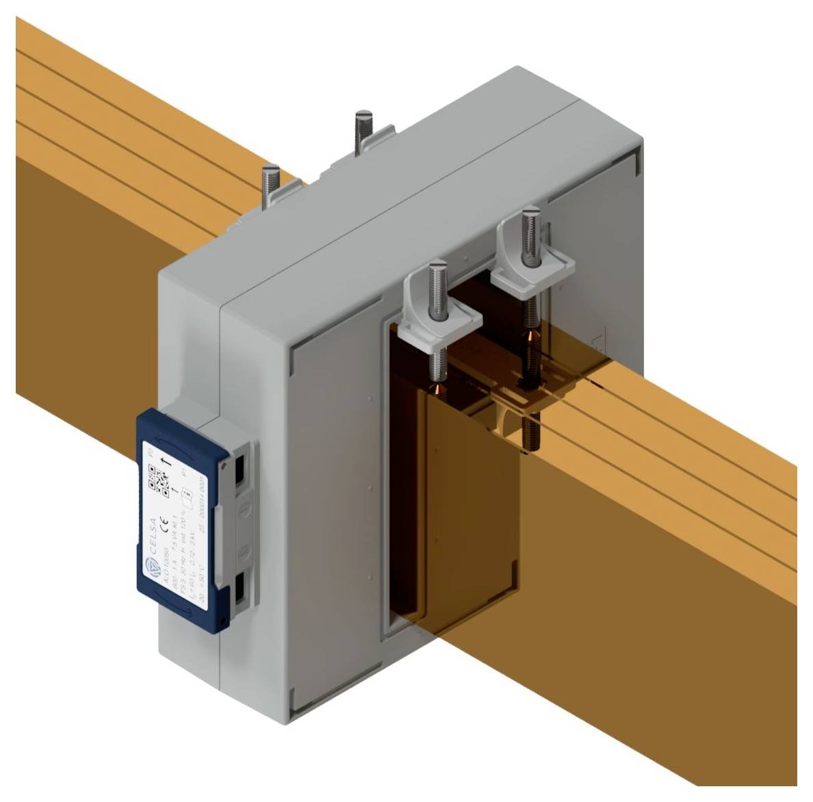 Eine große Stromsammelschiene mit angebrachtem elektrischen Sensor, ausgelegt zur Stromüberwachung in industriellen Umgebungen.