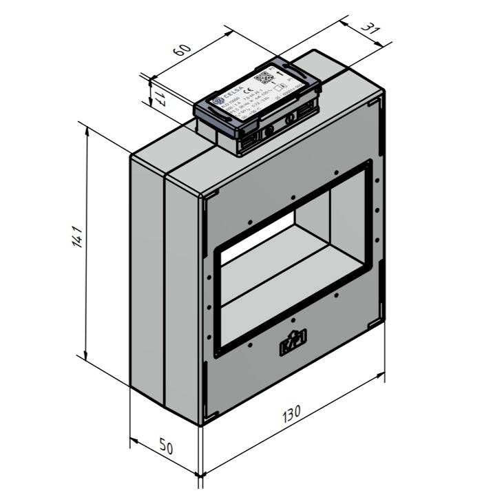 Eine industrielle Komponente mit beschrifteten Abmessungen. Sie weist eine rechteckige Öffnung auf, und ein elektronisches Modul ist oben montiert.