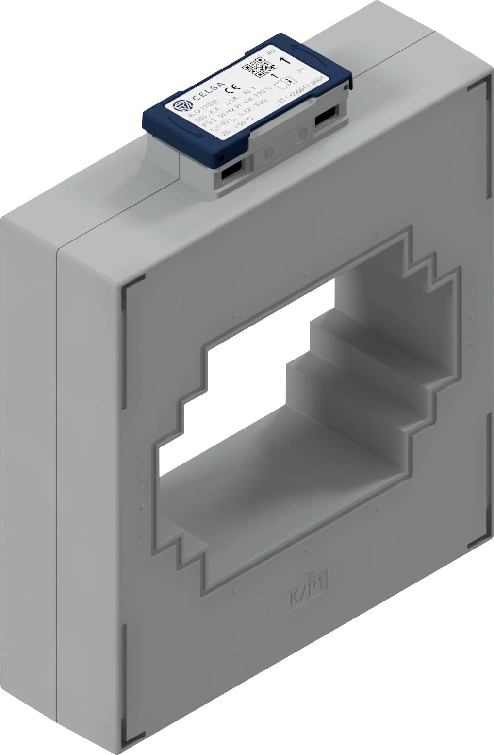 Eine graue elektronische Komponente mit einem zentralen quadratischen Ausschnitt und einem kleinen rechteckigen blauen Gerät oben drauf, versehen mit einem Herstelleretikett.