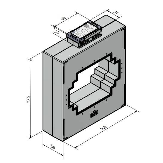 Eine 3D-Darstellung eines elektrischen Geräts mit beschrifteten Abmessungen: 173x160x50 mm, mit einem zentralen rechteckigen Ausschnitt und einer oben montierten Komponente.