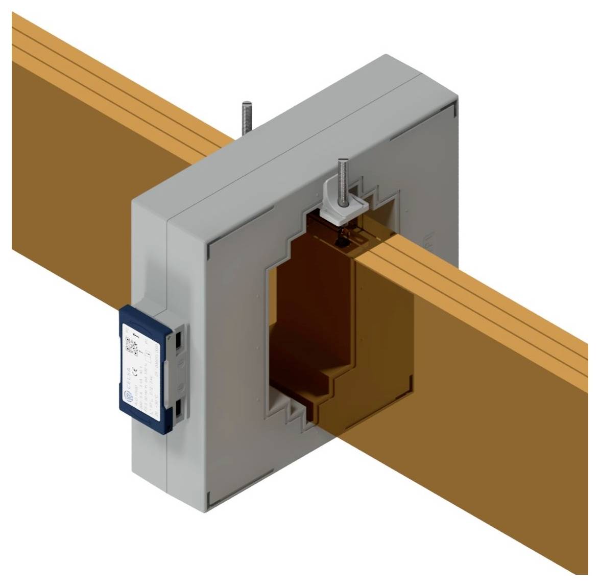 Ein Toroidtransformator wird mit einem beschrifteten Leistungsschalter dargestellt. Der Transformator umschließt eine vertikale Kupferschiene und veranschaulicht den elektrischen Aufbau.