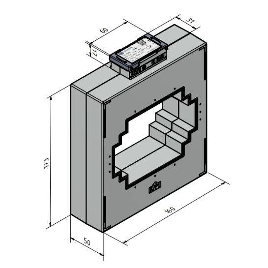 Eine 3D-Illustration einer elektrischen Komponente mit den Abmessungen: Höhe 173 mm, Breite 160 mm, Tiefe 50 mm. Sie enthält eine Halterung oben.
