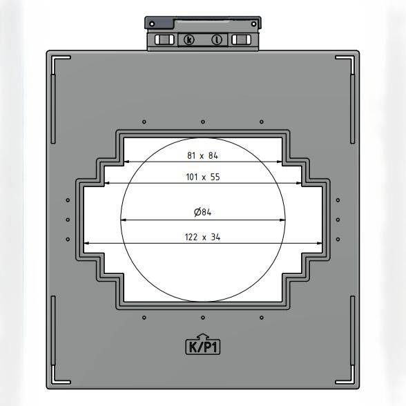 Eine graue rechteckige Vorlage mit einem zentralen kreisförmigen Ausschnitt, beschriftet mit „Ø84". Abmessungen sind innen markiert: „81 x 84", „101 x 55", „122 x 34".