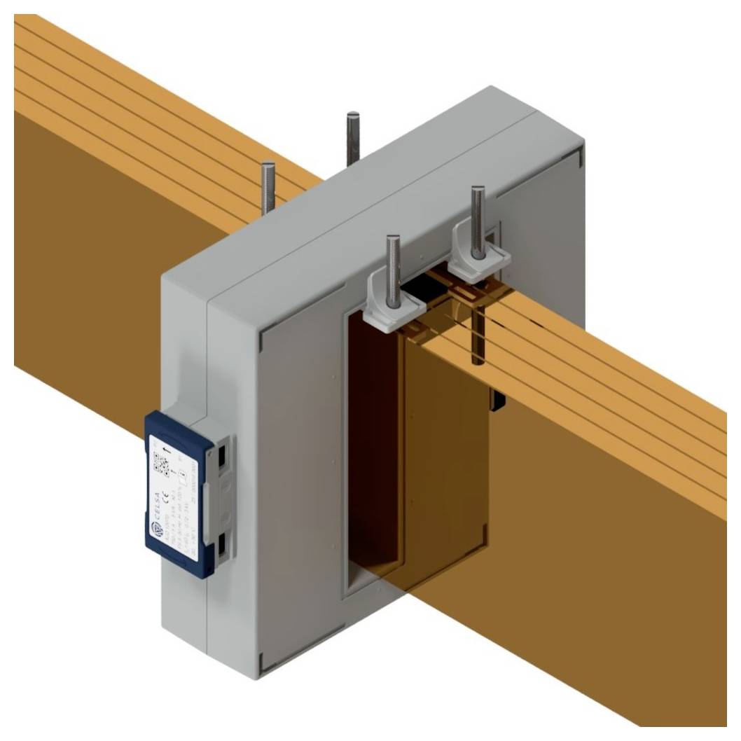 Ein grauer elektrischer Apparat mit einer Befestigungsvorrichtung ist um ein dickes braunes Kabel gelegt, was auf einen Stromwandler hindeuten könnte.