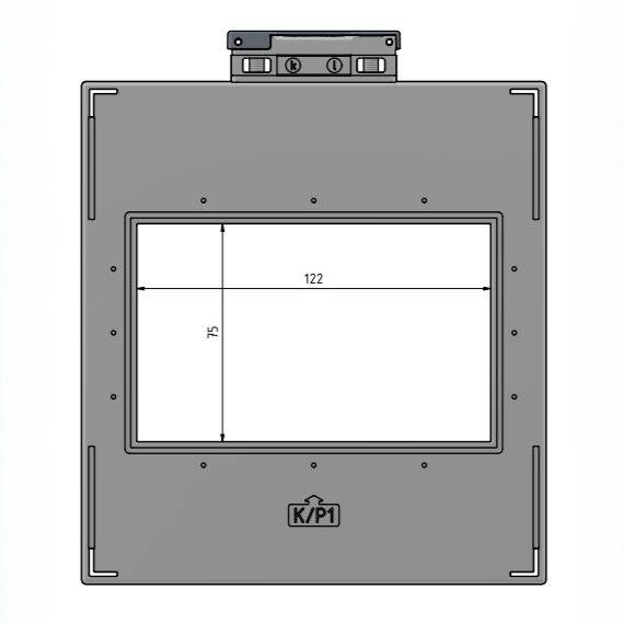 Ein grauer rechteckiger Bereich mit der Beschriftung 'K/P1' am unteren Mittelpunkt, der einen zentral platzierten rechteckigen Ausschnitt mit den Abmessungen 122 mal 75 Einheiten aufweist.