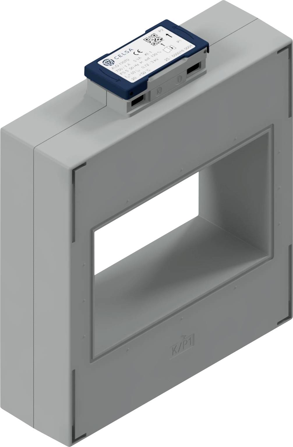 Eine graue rechteckige elektrische Komponente mit einem kleineren blauen Modul auf der Oberseite, versehen mit einer zentralen quadratischen Öffnung.