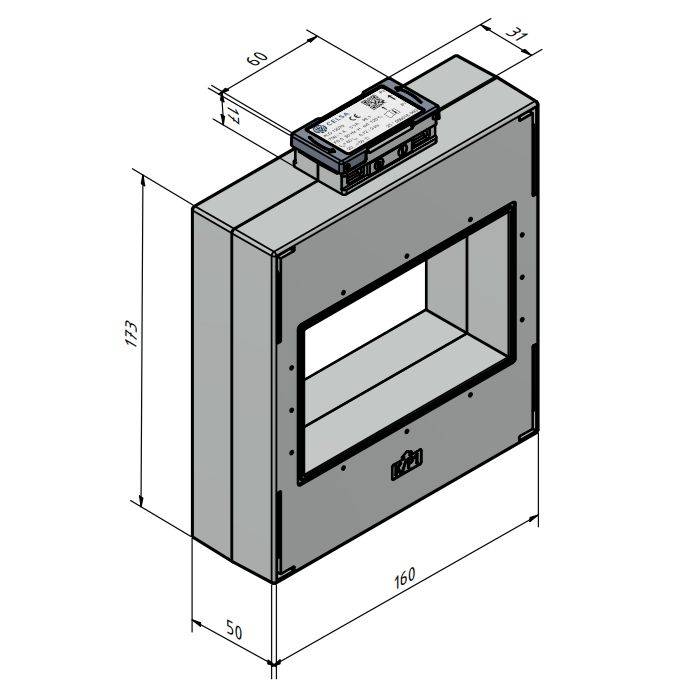 Isometrische Zeichnung eines rechteckigen Zählerkastens mit den Abmessungen: 173 mm Höhe, 160 mm Breite, 50 mm Tiefe, mit einem oberen Abschnitt von 60 mm x 31 mm.