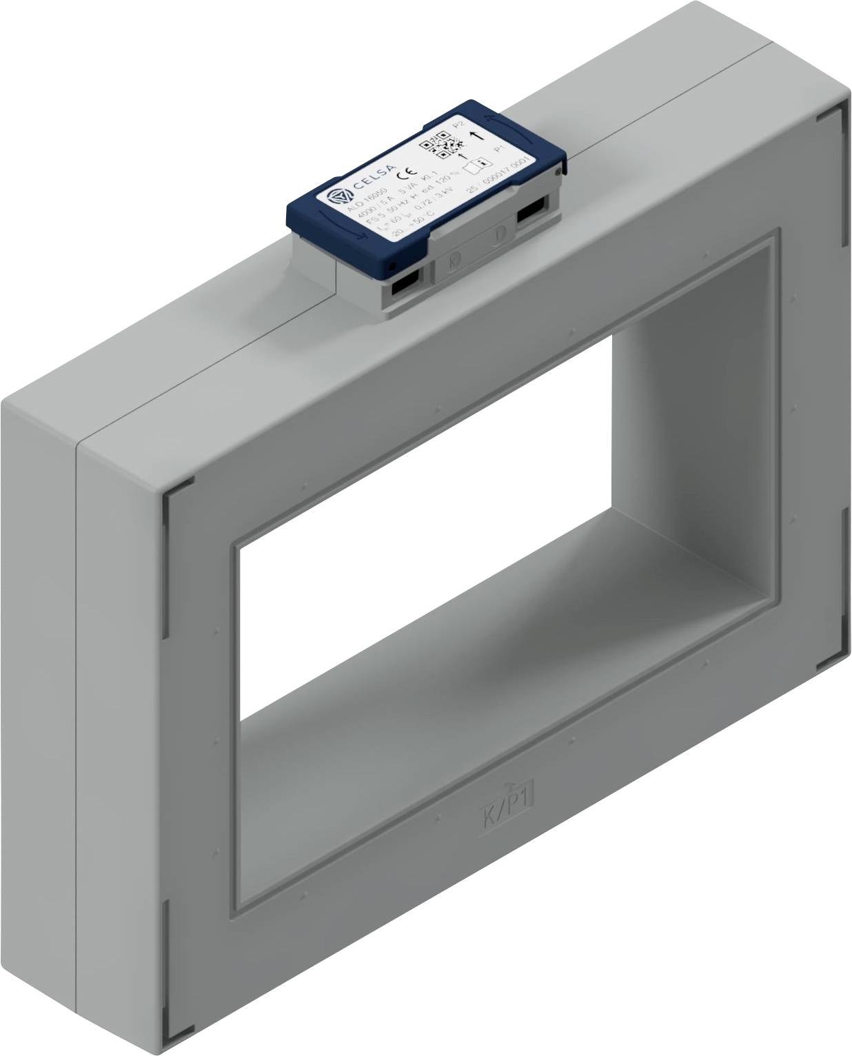 Rechteckige graue elektrische Komponente mit offenem Zentrum, auf der oben ein kleines blaues Modul angebracht ist.