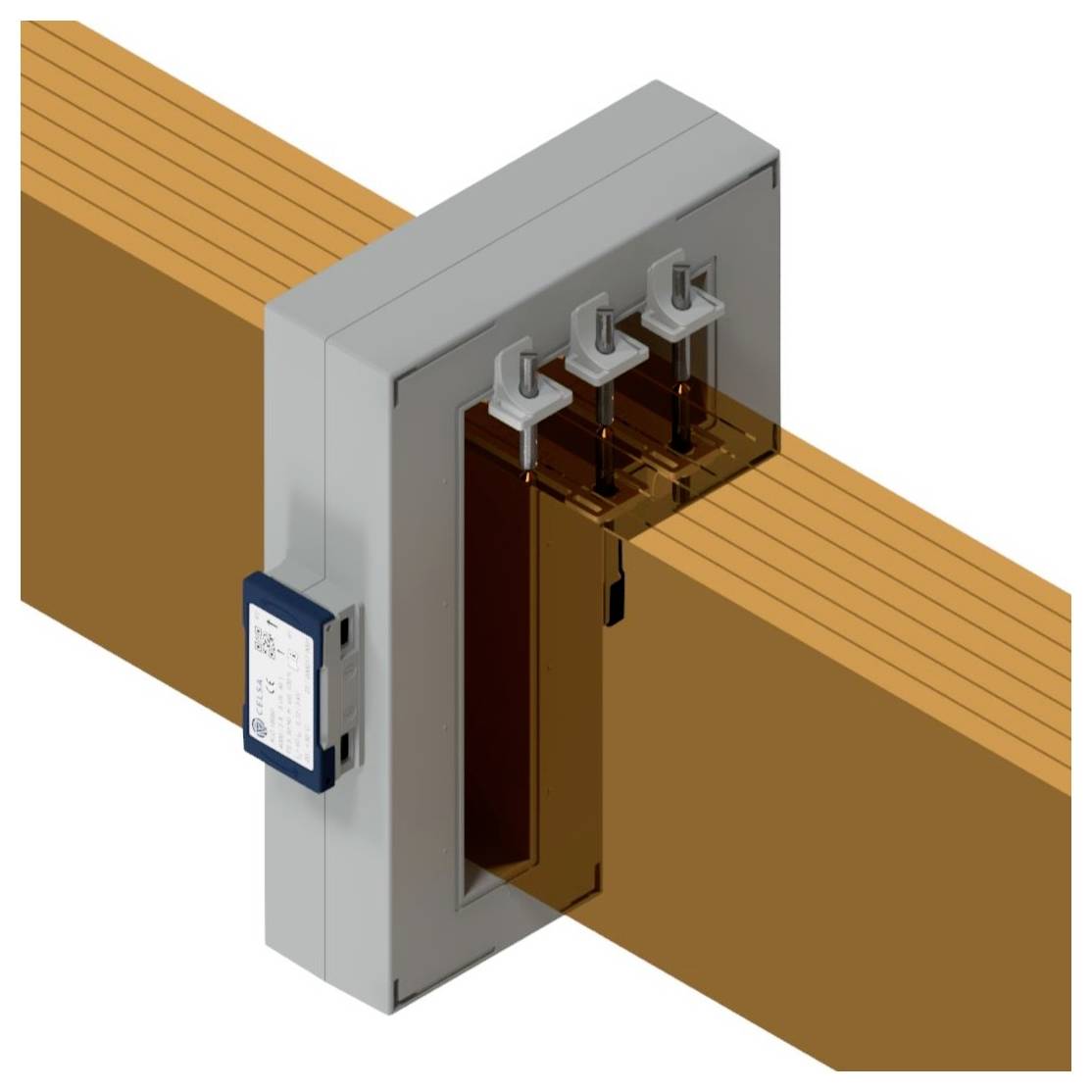 Ein 3D-Modell, das eine graue elektrische Komponente zeigt, die auf einer orangefarbenen Schiene montiert ist und drei metallische Spannfederklemmen oben aufweist.
