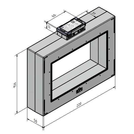 Diagramm eines rechteckigen Kanalsegments mit einer Steuereinheit auf der Oberseite. Abmessungen: 156x220x50 mm.
