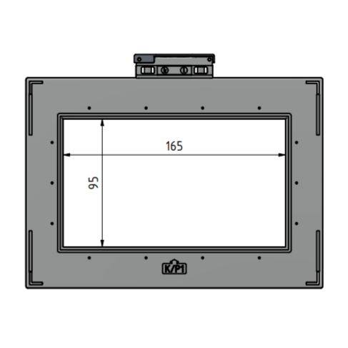Ein rechteckiger grauer Rahmen misst 165 mm x 95 mm mit einer Montageklammer oben.