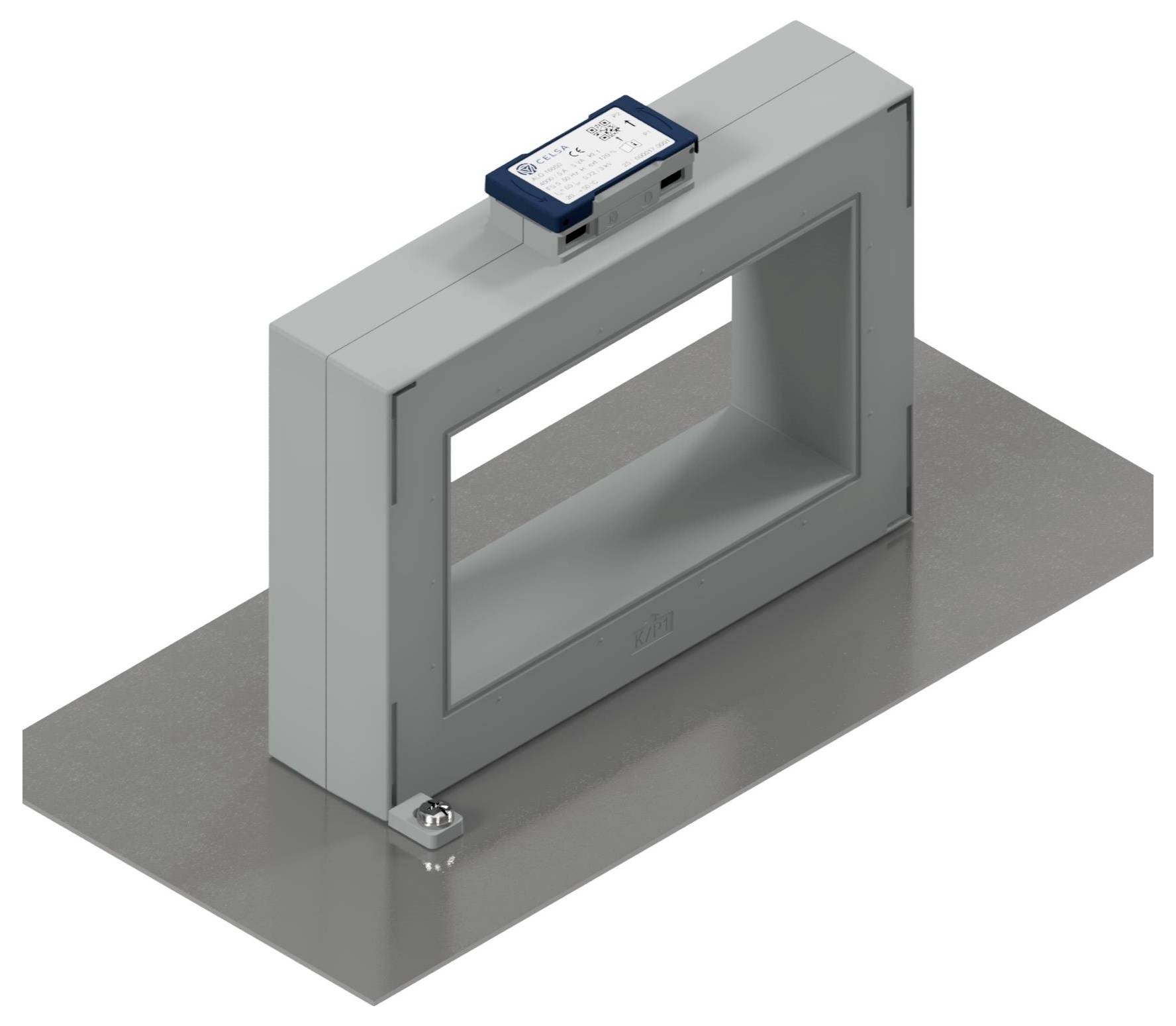 Ein rechteckiges, graues Gehäuse mit einem abnehmbaren blauen Sensor auf der Oberseite, montiert auf einer flachen grauen Basis, wahrscheinlich zur Überwachung oder Messung verwendet.