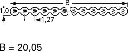 Das Diagramm '`B = 20,05`' zeigt eine Zahnbogenform mit Löchern, die 1,27 Einheiten voneinander entfernt sind, mit einer Gesamthöhe von 1,0 Einheit.
