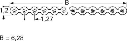 Diagramm mit einem dekorativen Muster aus sich wiederholenden Schleifen mit Blumenmotiven. Abmessungen: Höhe 1,2 Einheiten, Breite 1,27 Einheiten. Gesamtlänge B = 6,28 Einheiten.