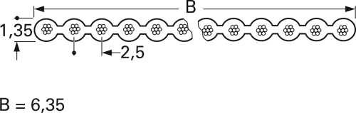 Diagramm eines Wellenmuster mit Blumenkreisen, die 2,5 Einheiten voneinander entfernt sind. Die Gesamtbreite B beträgt 6,35 Einheiten und die Höhe 1,35 Einheiten.