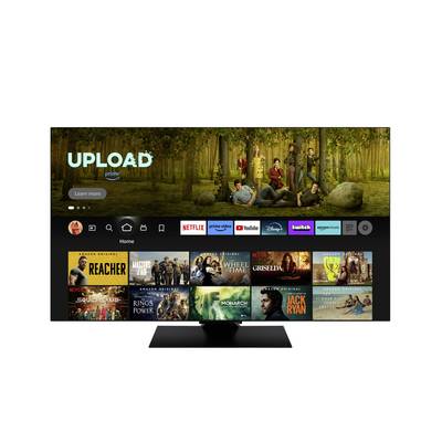 Ein TV-Bildschirm, der eine Streaming-Service-Oberfläche mit Serienvorschauen wie 'Upload' und Icons von Plattformen wie Netflix und Disney+ zeigt.