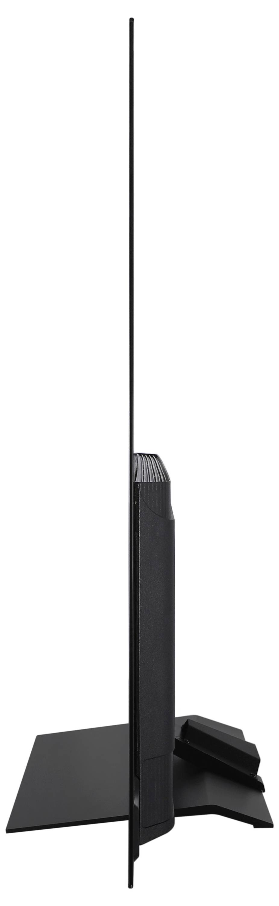 Seitenansicht eines ultraflachen, schmalen Fernsehers auf einem Ständer, der seine minimale Tiefe betont.