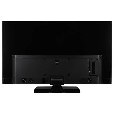 Rückansicht eines Flachbildfernsehers, der Anschlüsse und Buchsen auf einem schwarzen Panel mit zentralem Standfuß zeigt.
