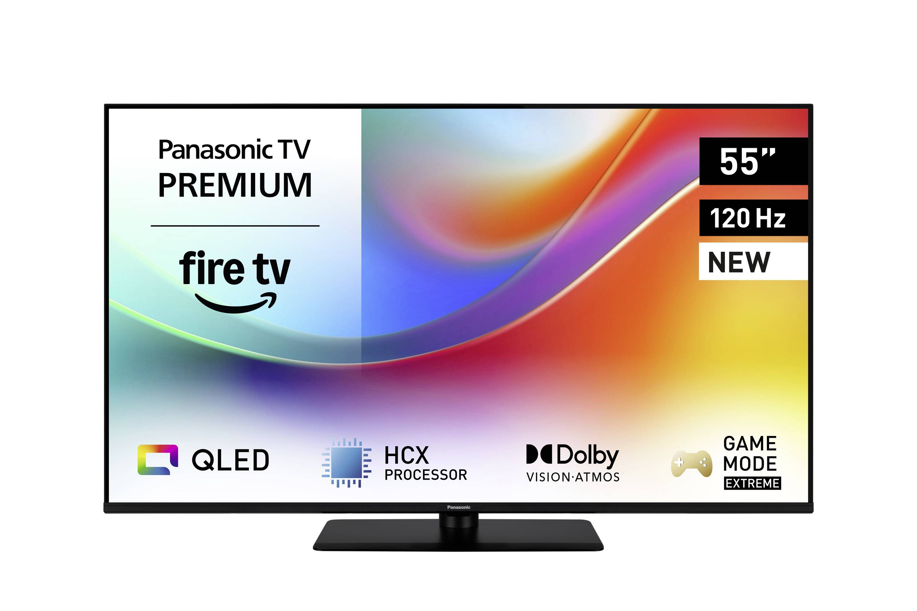 'Panasonic TV Premium mit Fire TV, 55 Zoll, 120 Hz. Eigenschaften: QLED, HCX-Prozessor, Dolby Vision-Atmos, Game Mode Extreme.'