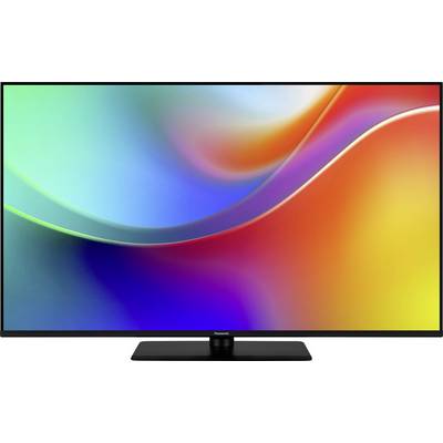 Ein Flachbildschirm-Fernseher, der ein lebendiges abstraktes Bild mit wirbelnden Farben in Blau, Grün, Rot und Orange zeigt.