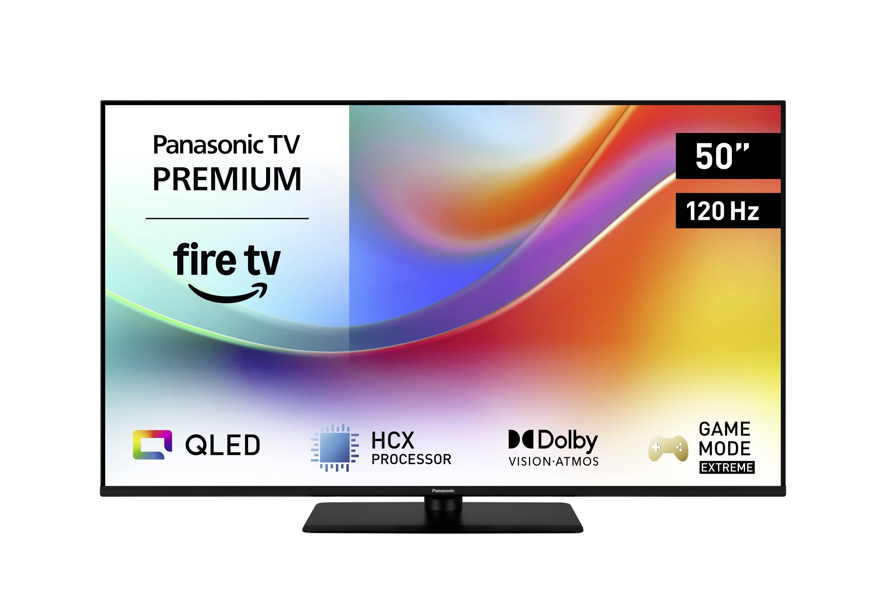Panasonic 50" TV zeigt Werbung für Fire TV, QLED, HCX-Prozessor, Dolby Vision Atmos, Spielmodus Extreme, 120-Hz-Funktionen auf farbenfroh gestaltetem Bildschirm.