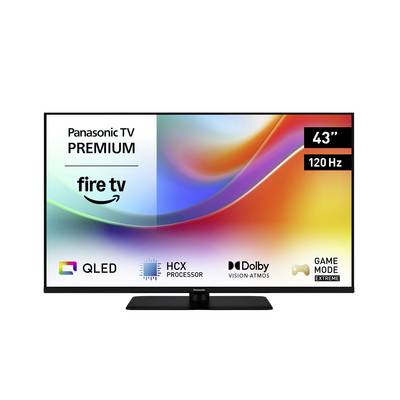 Panasonic TV mit Fire TV Funktionen, 43-Zoll-Bildschirm, 120 Hz Bildwiederholrate, QLED-Display, HCX-Prozessor, Dolby Vision Atmos und Spielmodus.