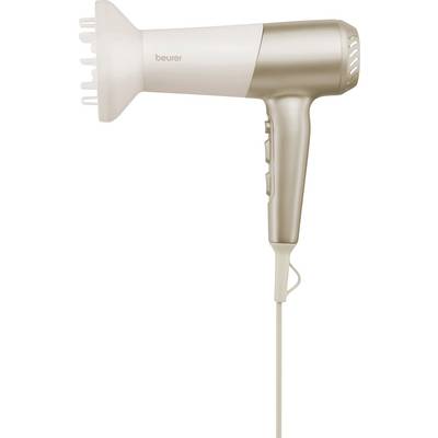 Ein beige-weißer Haartrockner mit Diffusor-Aufsatz, ausgestattet mit einigen Bedienungstasten am Griff und angeschlossenem Kabel.