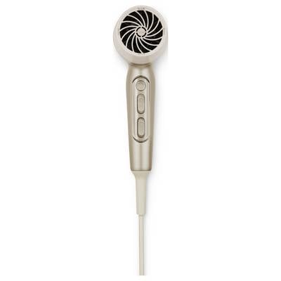 Ein beiger Haartrockner mit rundem Luftauslass und zwei Bedienknöpfen am Griff, der durch ein Netzkabel angeschlossen ist.