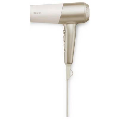 Ein beige-weißer Haartrockner mit Netzkabel und Bedienungstasten am Griff, der zum Styling und Trocknen von Haaren entwickelt wurde.